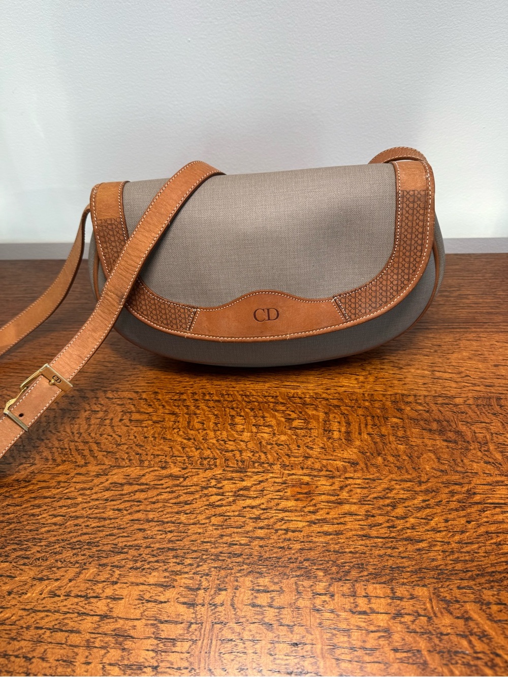 Dior Vintage Taupe Canvas and Tan Leather Saddle Crossbody Bag
